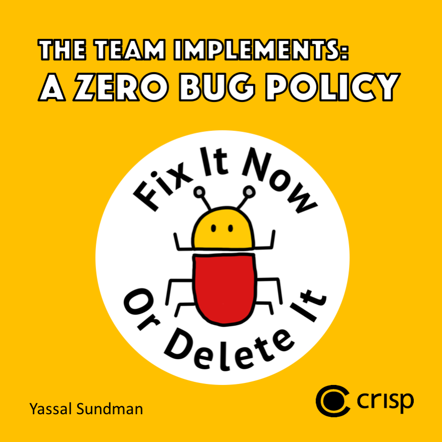 Cover of the book 'A Team Implements a Zero Bug Policy' with the title displayed as well as an image of a bug with the logo 'Fix it now or delete it'