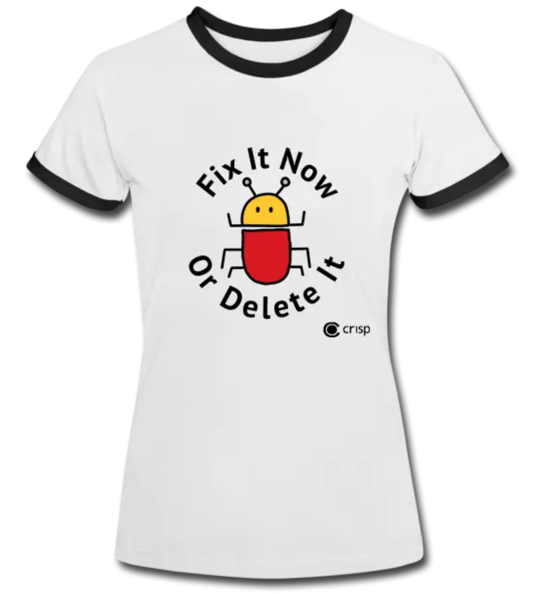 White t-shirt with black collar with the logo picturing a bug and the text - Fix it now or delete it